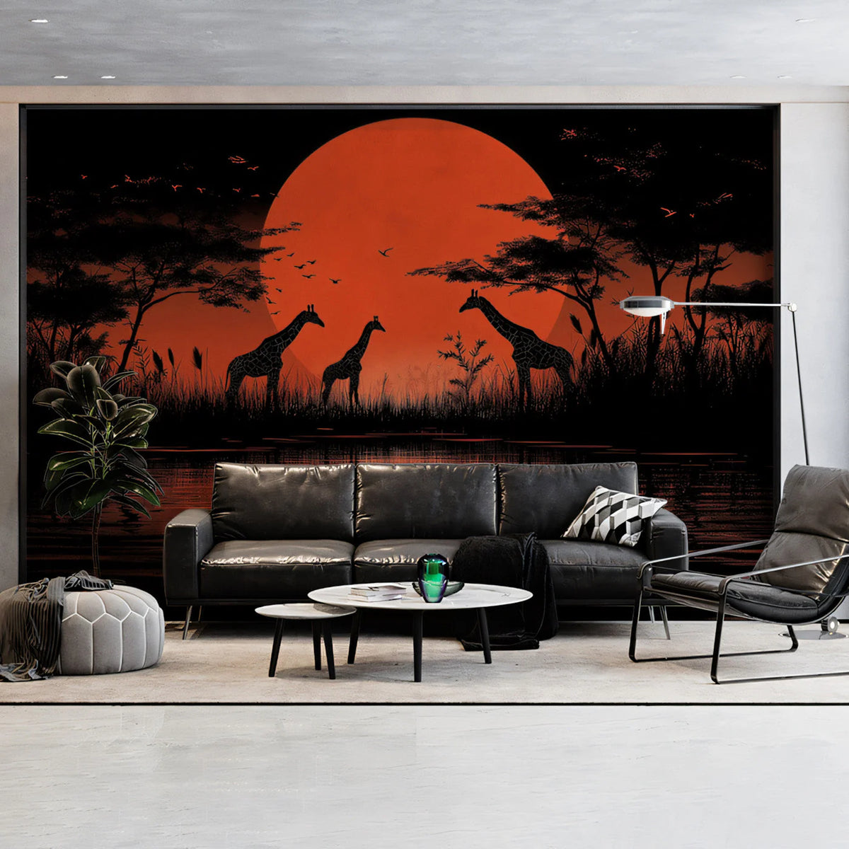 African Savannah Sunset Giraffe Mural Wallpaper — Bold Silhouette Mural Wallpaper - pure wallpaper artwork