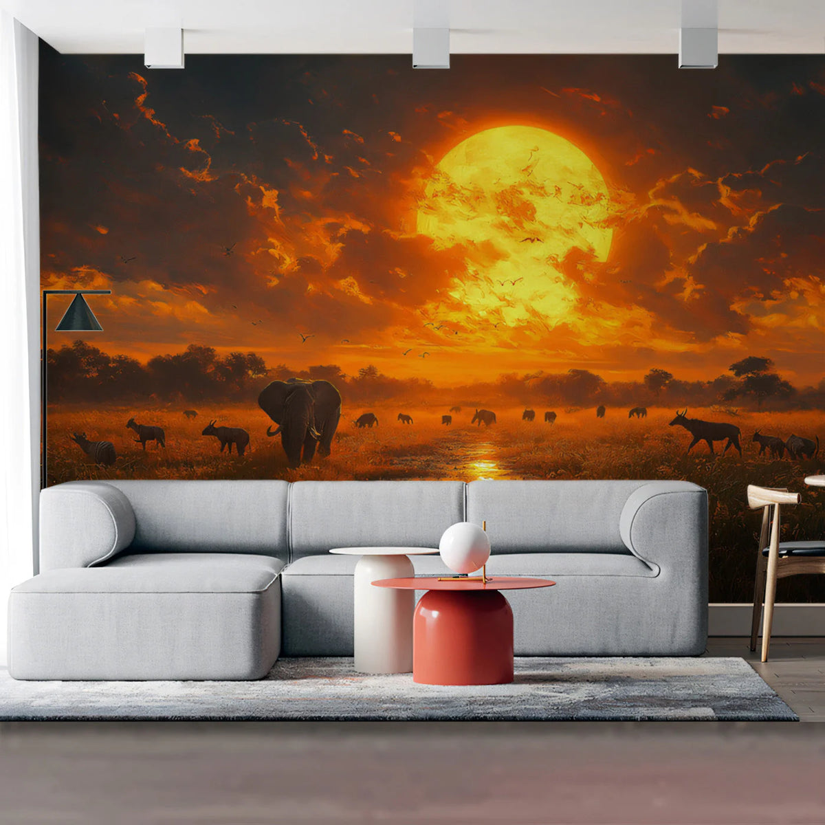 African Savannah Sunset Mural Wallpaper — Golden Wildlife Scene Mural Wallpaper - pure wallpaper artwork