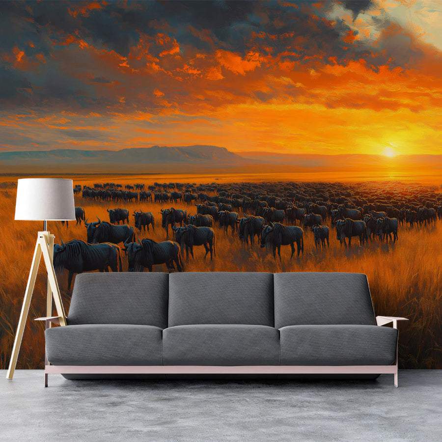 African Savannah Wildebeest Sunset Mural Wallpaper