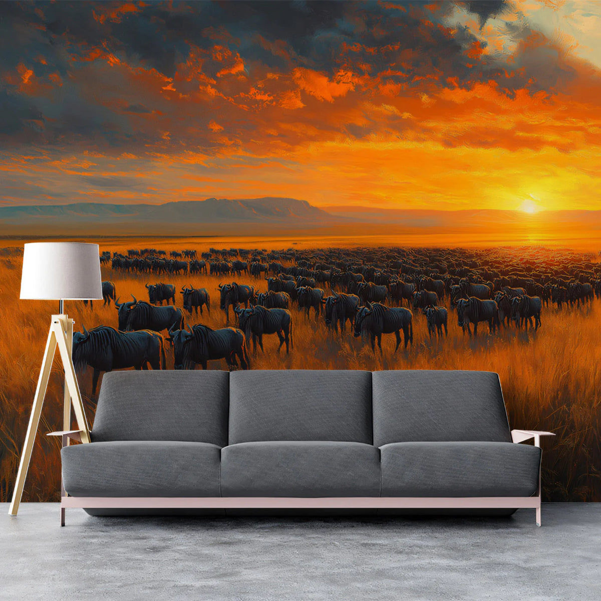 African Savannah Wildebeest Sunset Mural Wallpaper - pure wallpaper artwork