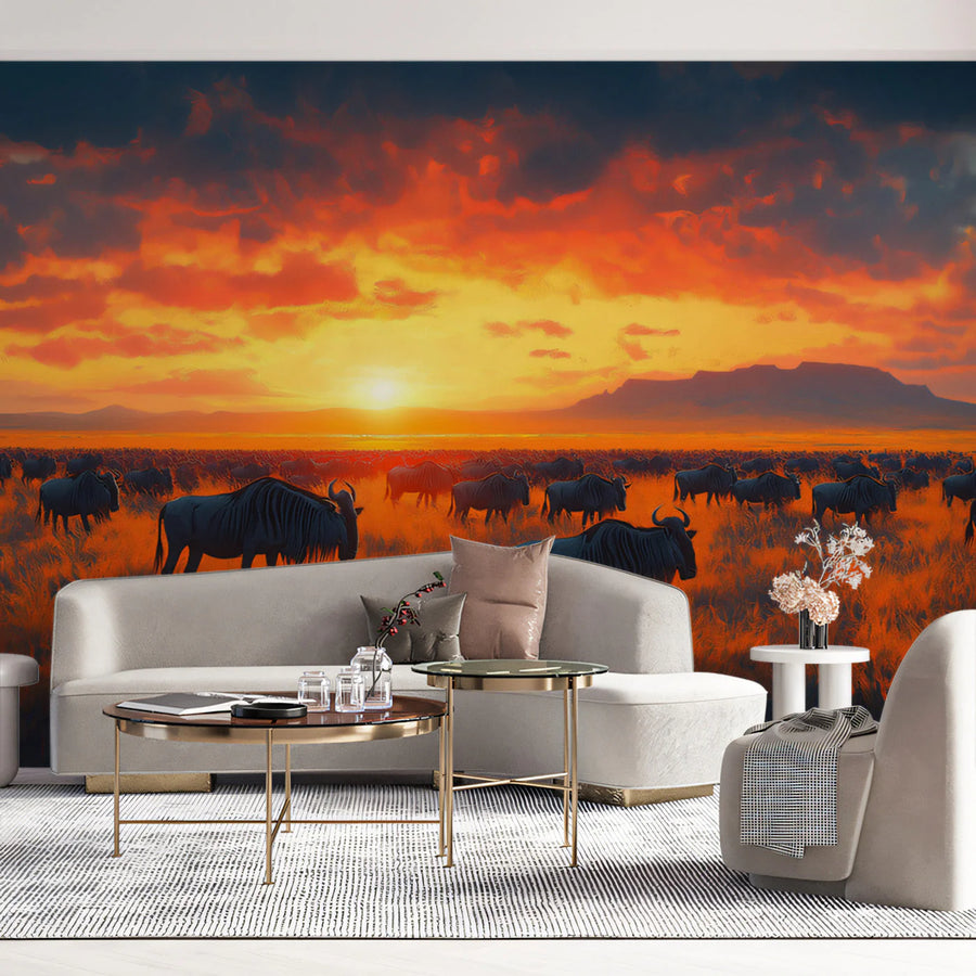 Wildebeest Savannah Sunset Mural Wallpaper — Impressionistic Scene Mural Wallpaper