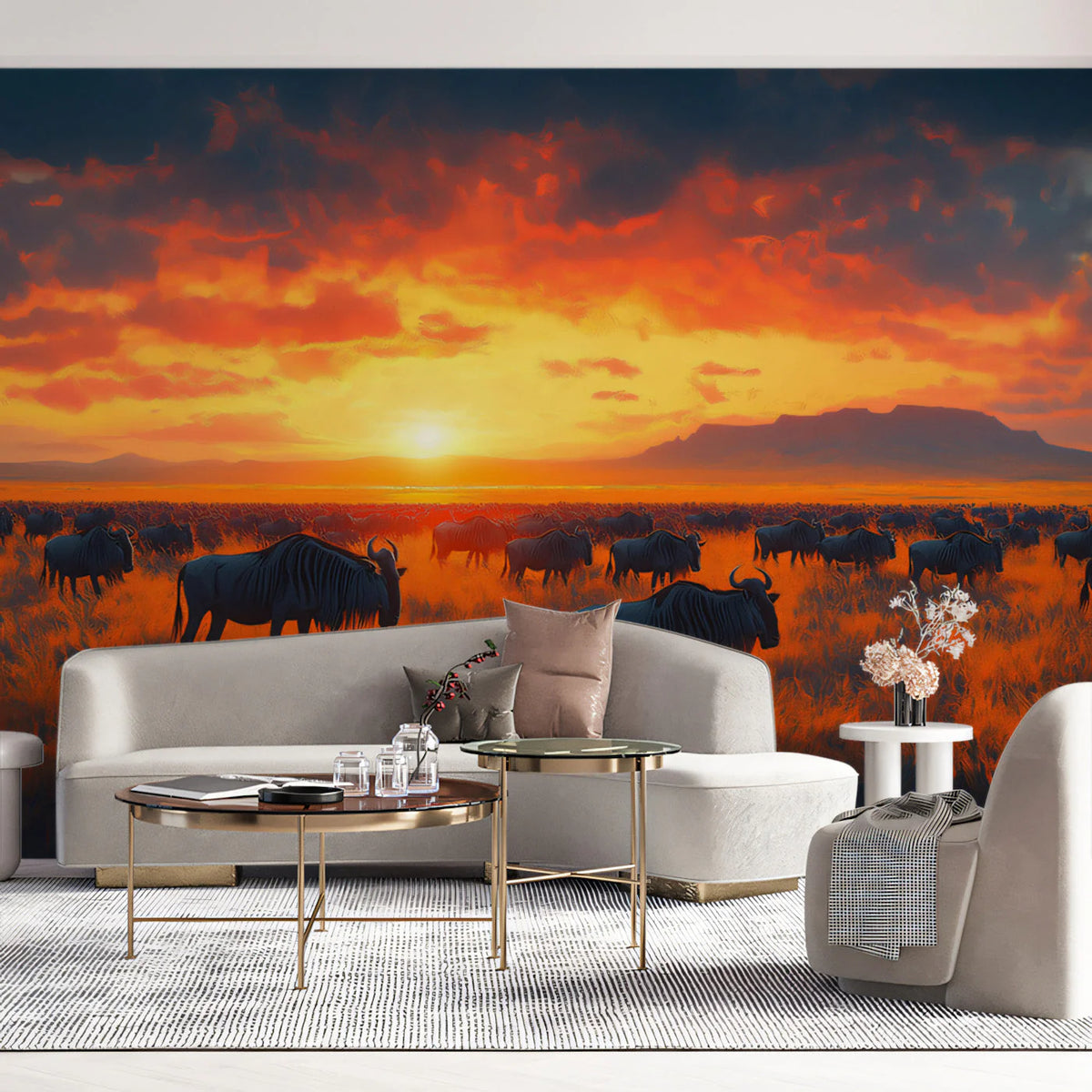 Wildebeest Savannah Sunset Mural Wallpaper — Impressionistic Scene Mural Wallpaper - pure wallpaper artwork