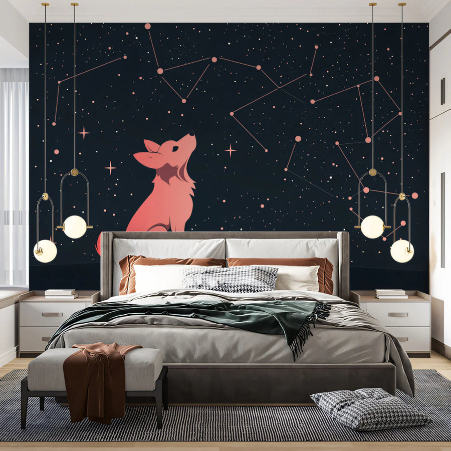 Stargazing Fox Mural Wallpaper — Cosmic Night Sky Illustration Mural Wallpaper