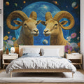 Aries Dual Ram Mural Wallpaper — Celestial Gold and Blue Decor Mural Wallpaper - pure wallpaper artwork