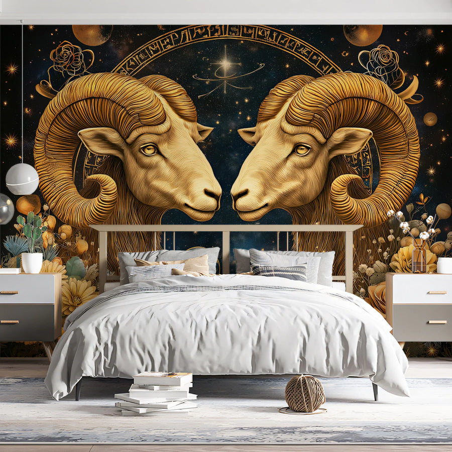 Aries Celestial Ram Mural Wallpaper — Gold and Navy Cosmic Art Mural Wallpaper