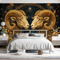 Aries Celestial Ram Mural Wallpaper — Gold and Navy Cosmic Art Mural Wallpaper - pure wallpaper artwork
