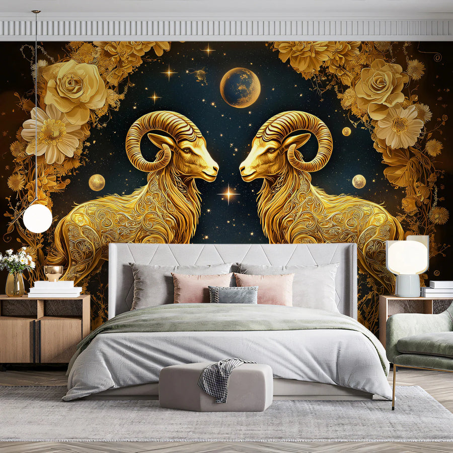 Celestial Ram Mural Wallpaper — Gold and Midnight Blue Design Mural Wallpaper