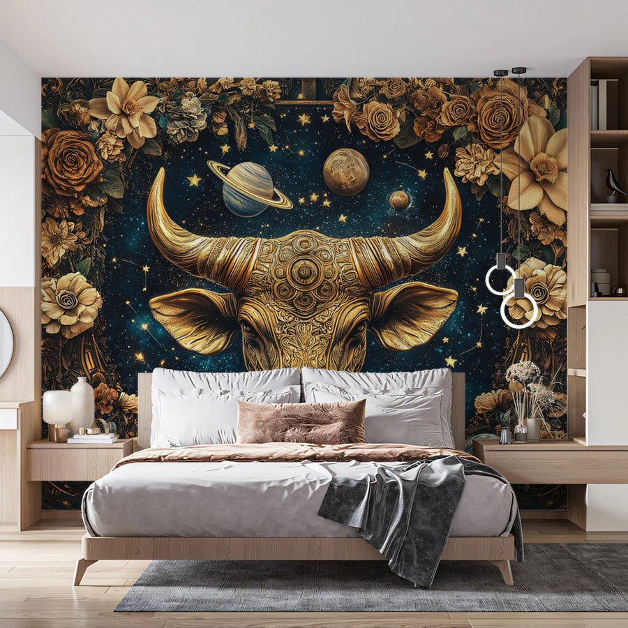 Golden Taurus Zodiac Mural Wallpaper — Cosmic Floral Motif Mural Wallpaper