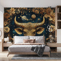 Golden Taurus Zodiac Mural Wallpaper — Cosmic Floral Motif Mural Wallpaper - pure wallpaper artwork