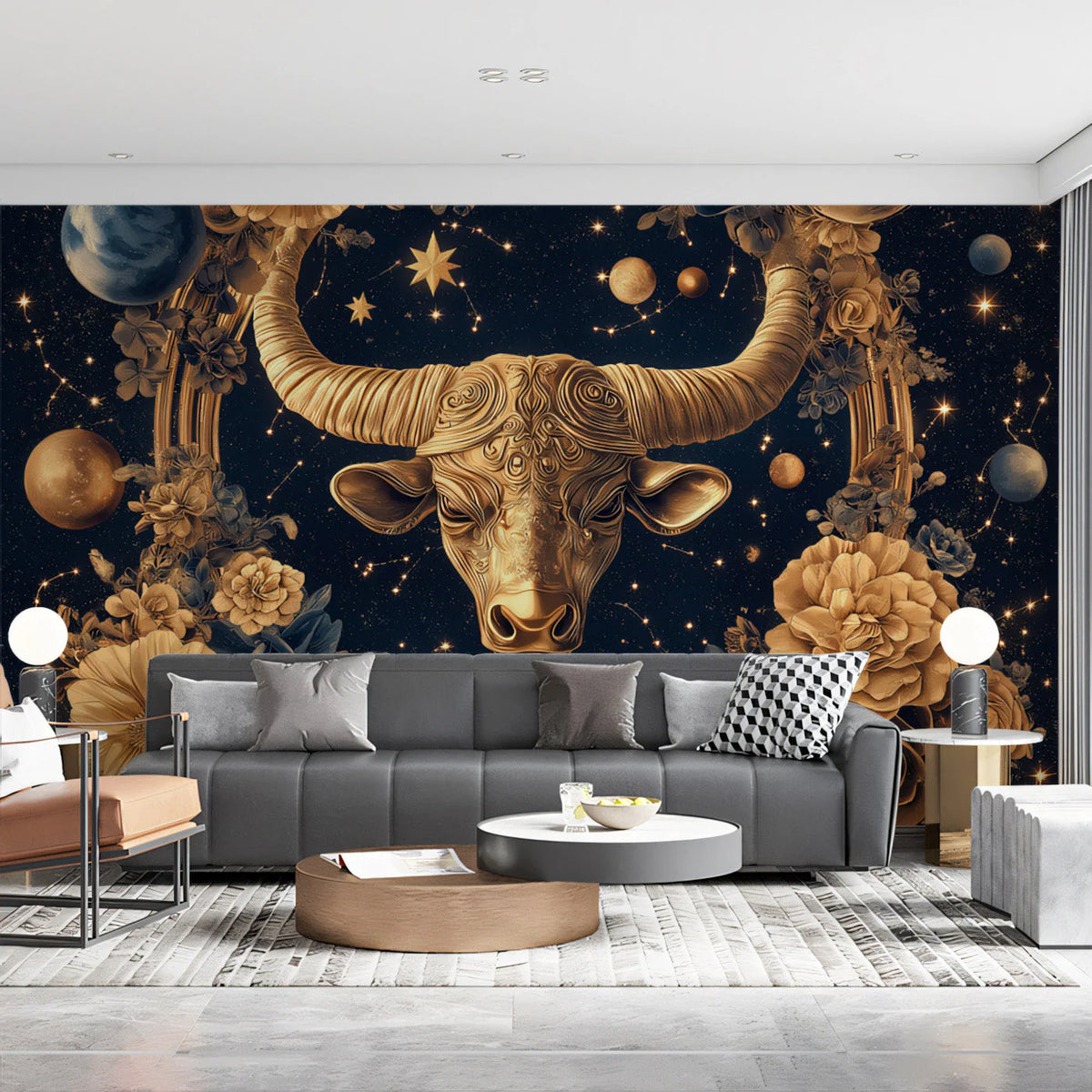 Taurus Zodiac Mural Wallpaper — Celestial Gold and Midnight Blue Mural Wallpaper - pure wallpaper artwork