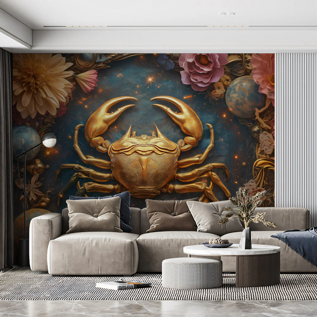 Golden Cancer Zodiac Mural Wallpaper — Celestial Floral Art Mural Wallpaper - pure wallpaper artwork