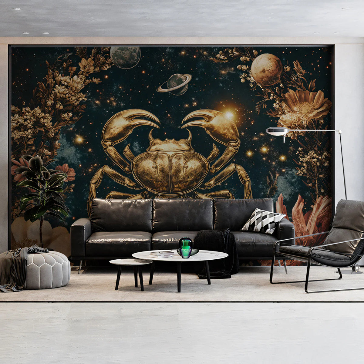 Golden Cancer Zodiac Celestial Mural Wallpaper — Dark Navy & Gold Mural Wallpaper - pure wallpaper artwork