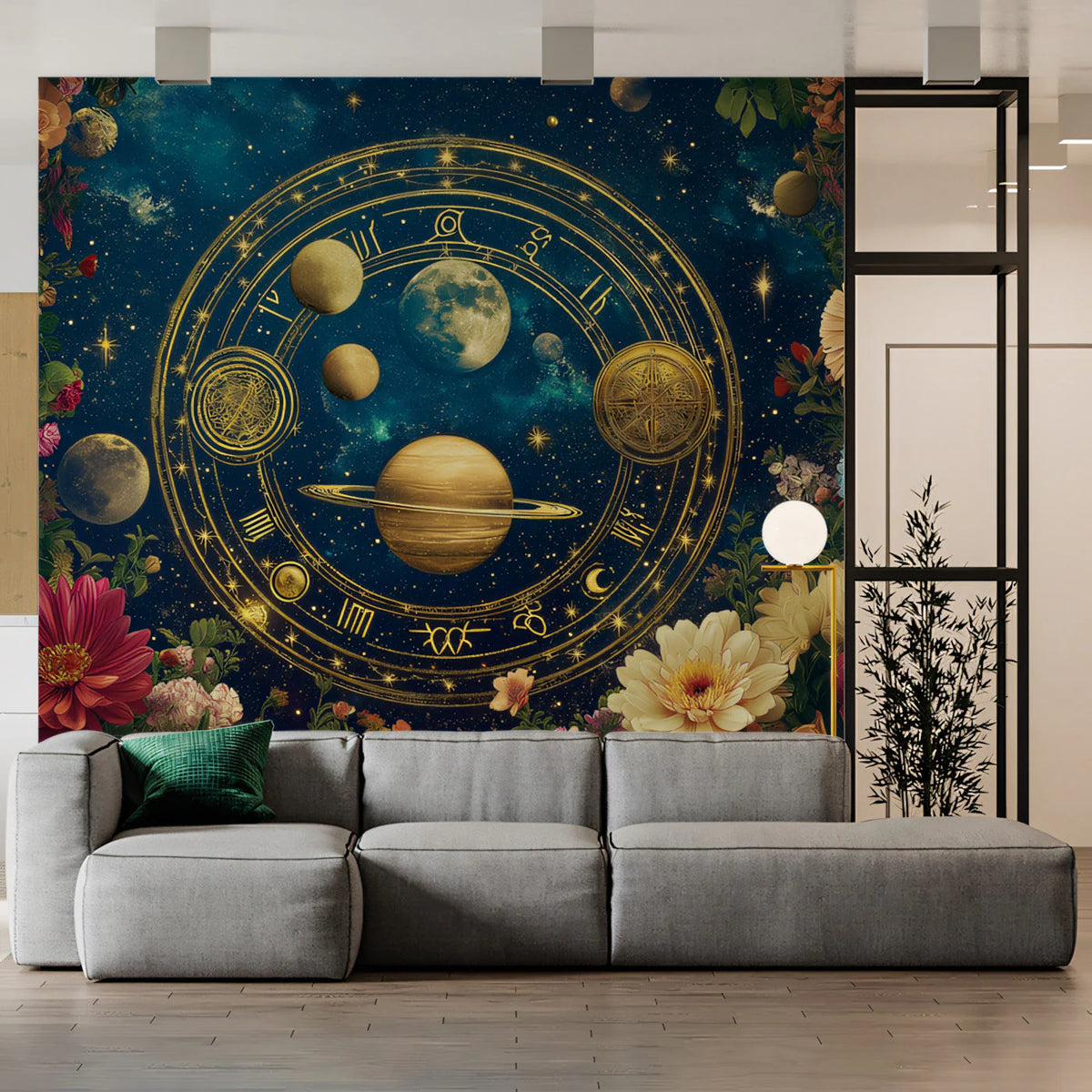 Celestial Zodiac Wheel Mural Wallpaper — Gold and Navy Floral Mural Wallpaper - pure wallpaper artwork