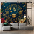 Celestial Zodiac Wheel Mural Wallpaper — Gold and Navy Floral Mural Wallpaper - pure wallpaper artwork