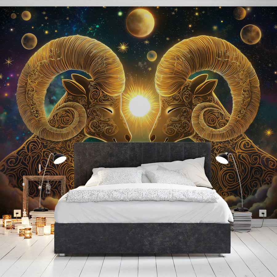 Aries Celestial Ram Mural Wallpaper — Cosmic Golden Illustration Mural Wallpaper