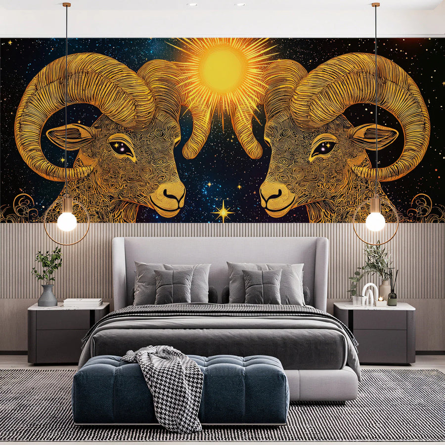 Aries Zodiac Mural Wallpaper — Cosmic Gold Ram Celestial Art Mural Wallpaper