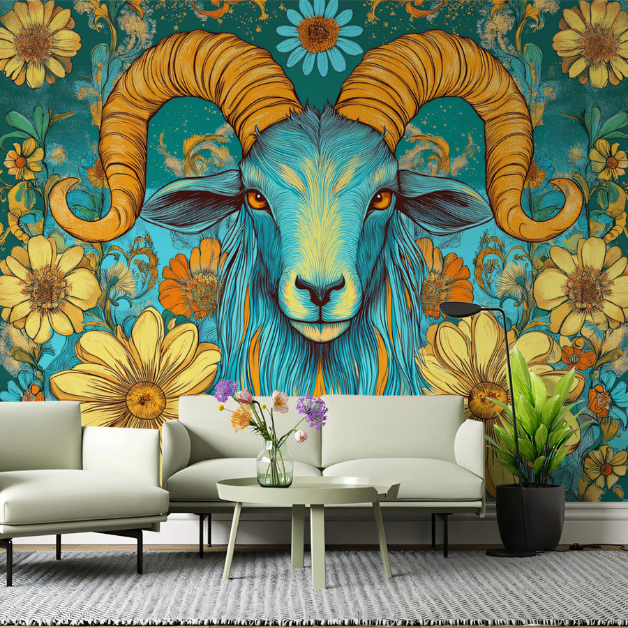 Aries Ram Floral Mural Wallpaper — Vibrant Artistic Motif Mural Wallpaper