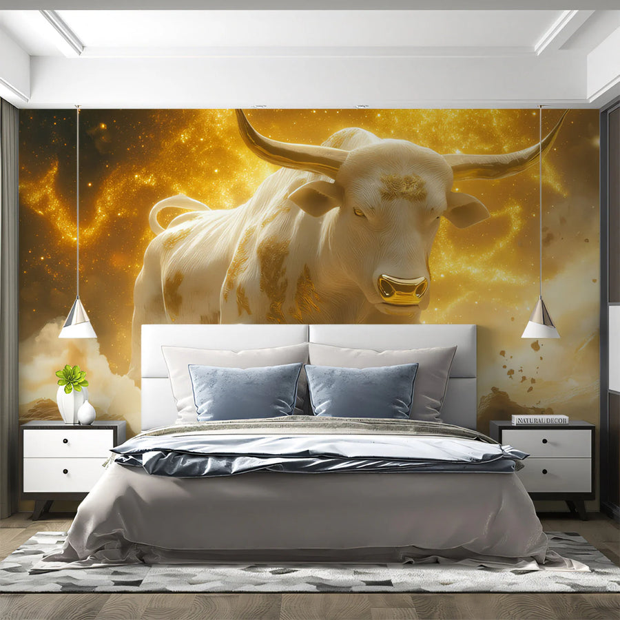 Taurus Zodiac Mural Wallpaper — Celestial Gold and White Bull Mural Wallpaper