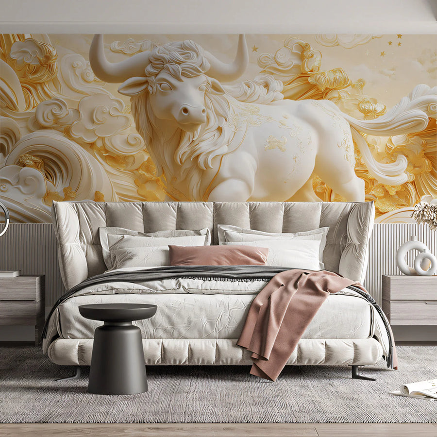 Taurus Celestial Bull Mural Wallpaper — Cream and Gold Motif Mural Wallpaper