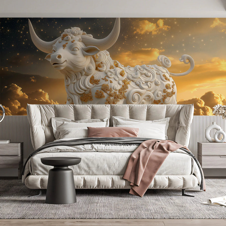 Celestial Taurus Bull Mural Wallpaper — Mythological Gold Art Mural Wallpaper