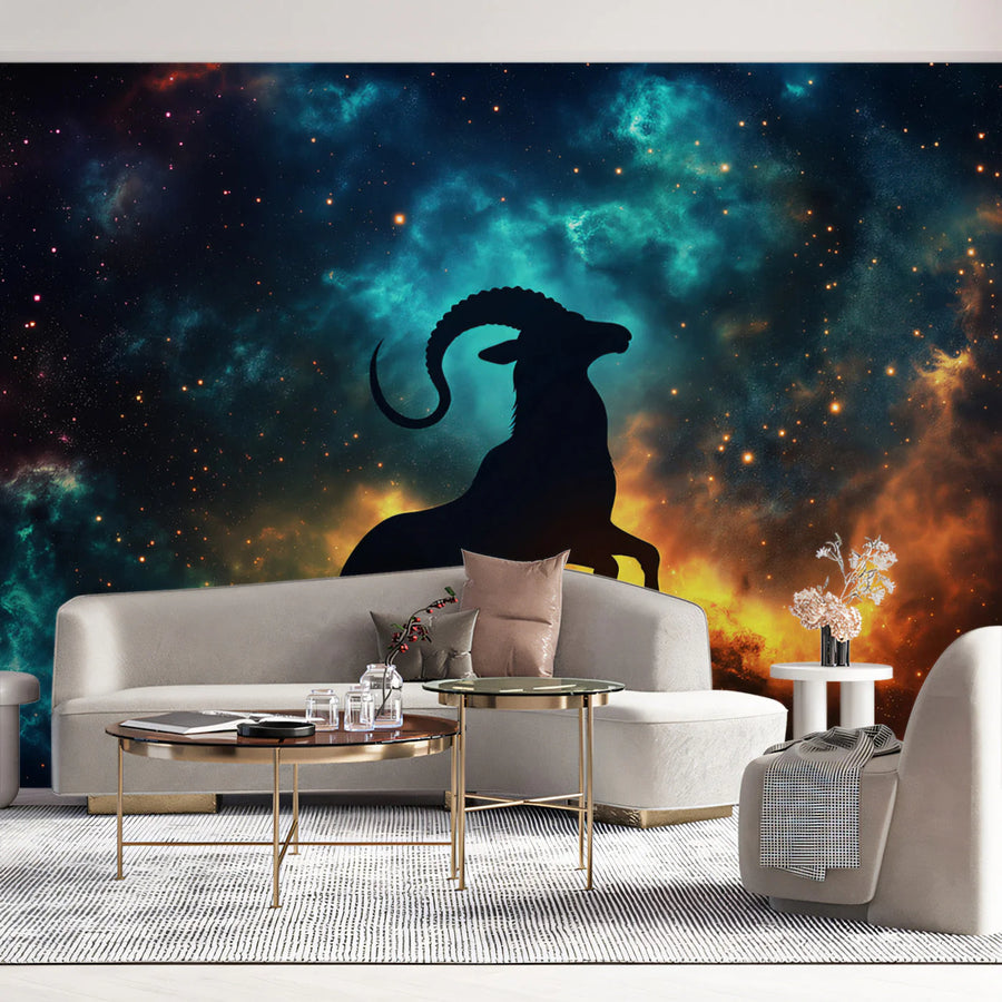 Capricorn Cosmic Goat Mural Wallpaper — Celestial Dark Decor Mural Wallpaper
