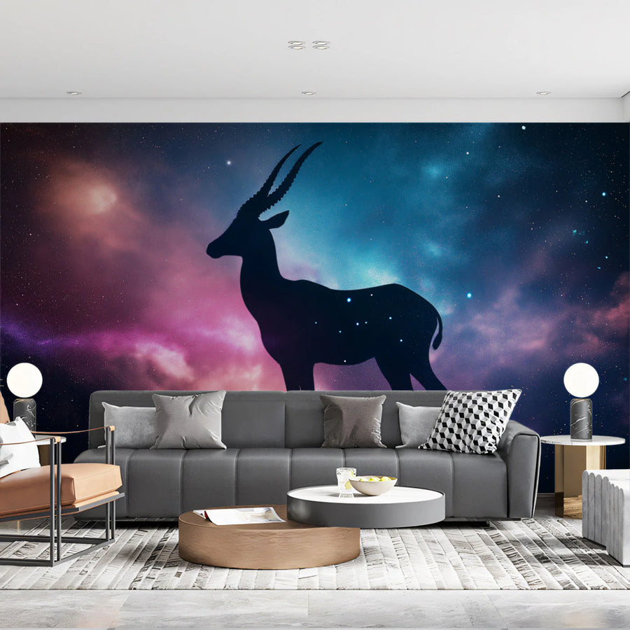 Capricorn Silhouette Mural Wallpaper — Celestial Cosmic Nebula Mural Wallpaper