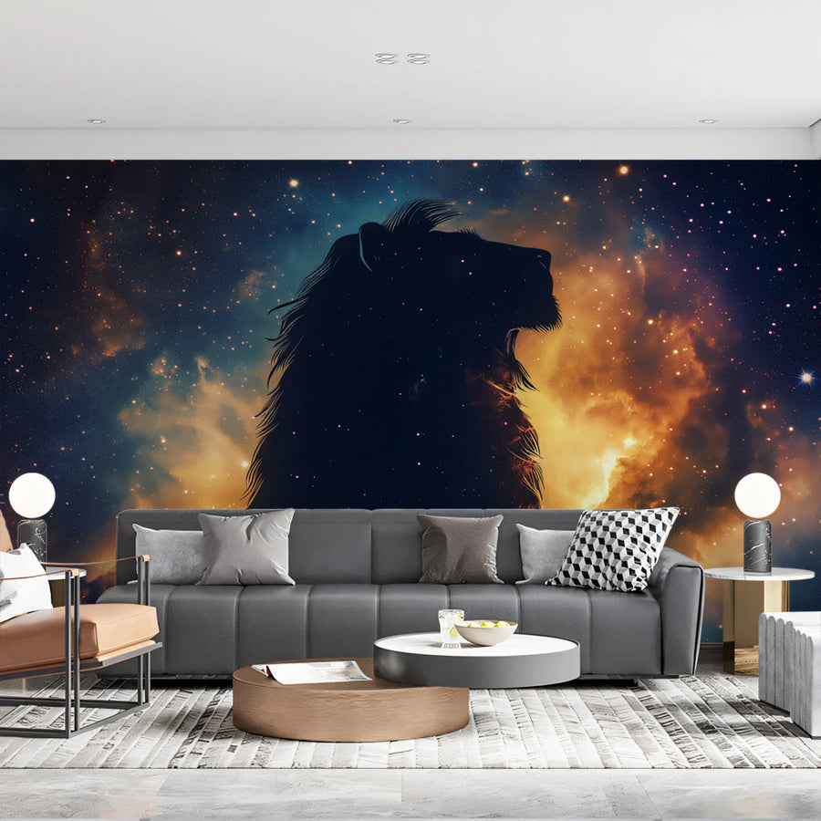 Leo Celestial Lion Mural Wallpaper — Cosmic Orange and Blue Mural Wallpaper