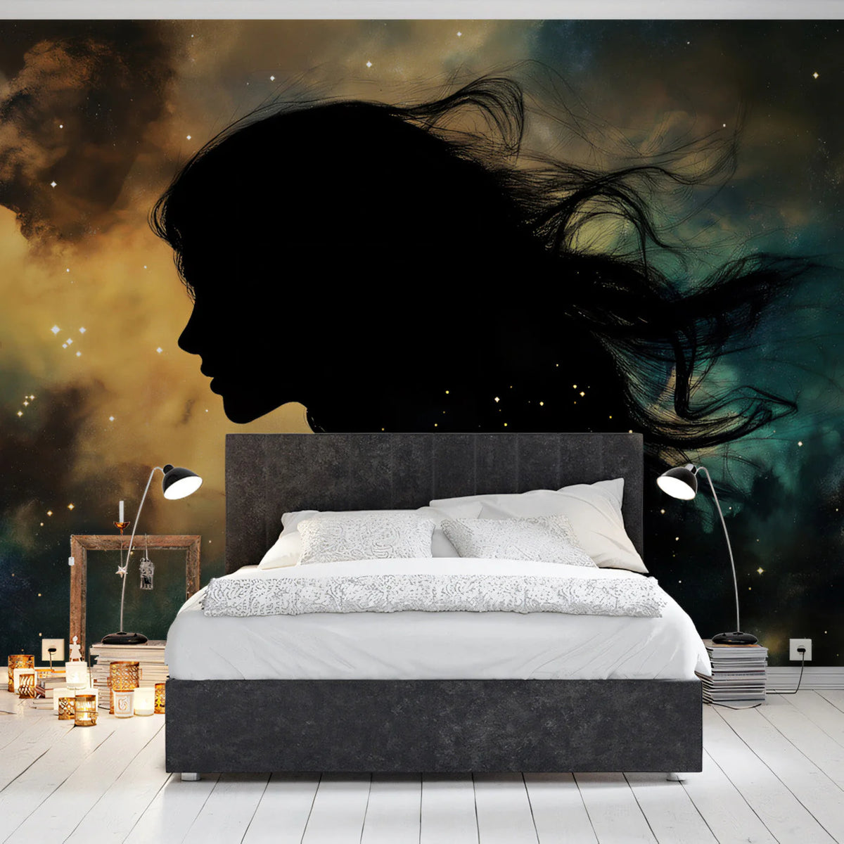 Virgo Celestial Silhouette Mural Wallpaper — Cosmic Art Wall Decor Mural Wallpaper - pure wallpaper artwork