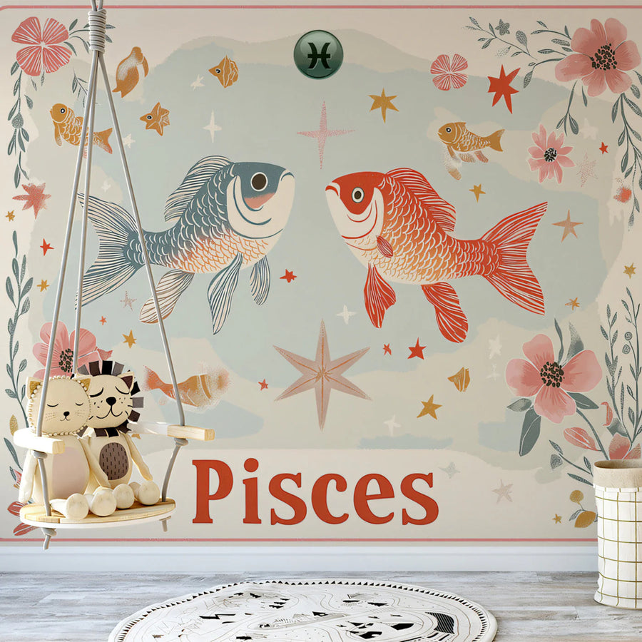 Pisces Celestial Fish Mural Wallpaper — Whimsical Zodiac Design Mural Wallpaper