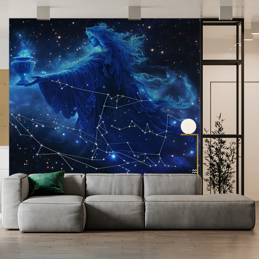 Aquarius Celestial Goddess Mural Wallpaper — Cosmic Blue Decor Mural Wallpaper