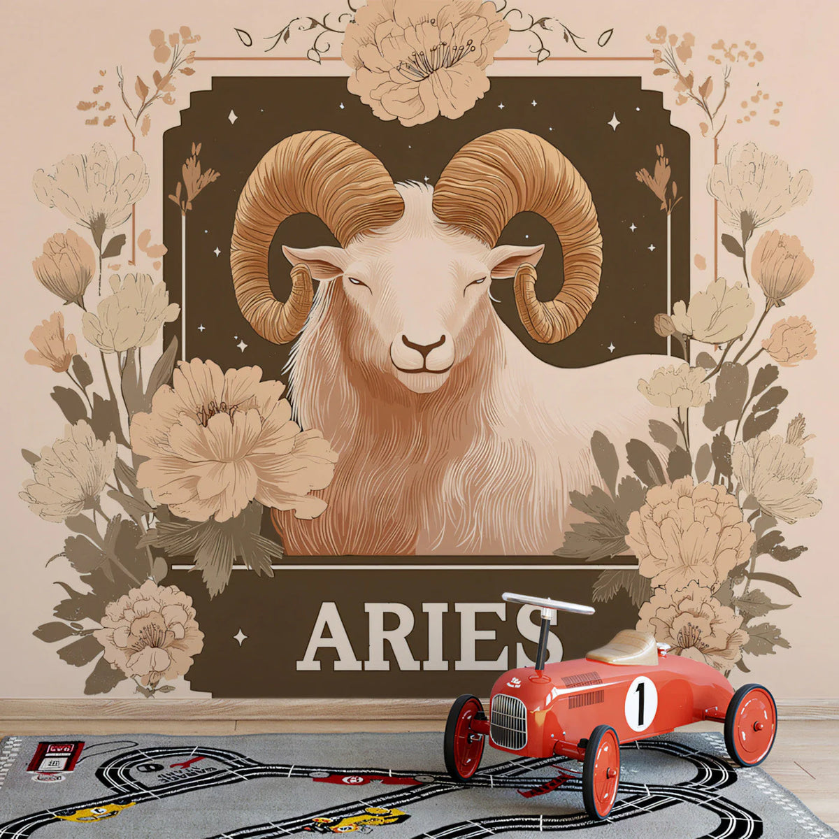 Aries Zodiac Mural Wallpaper — Celestial Floral Ram Motif Mural Wallpaper - pure wallpaper artwork