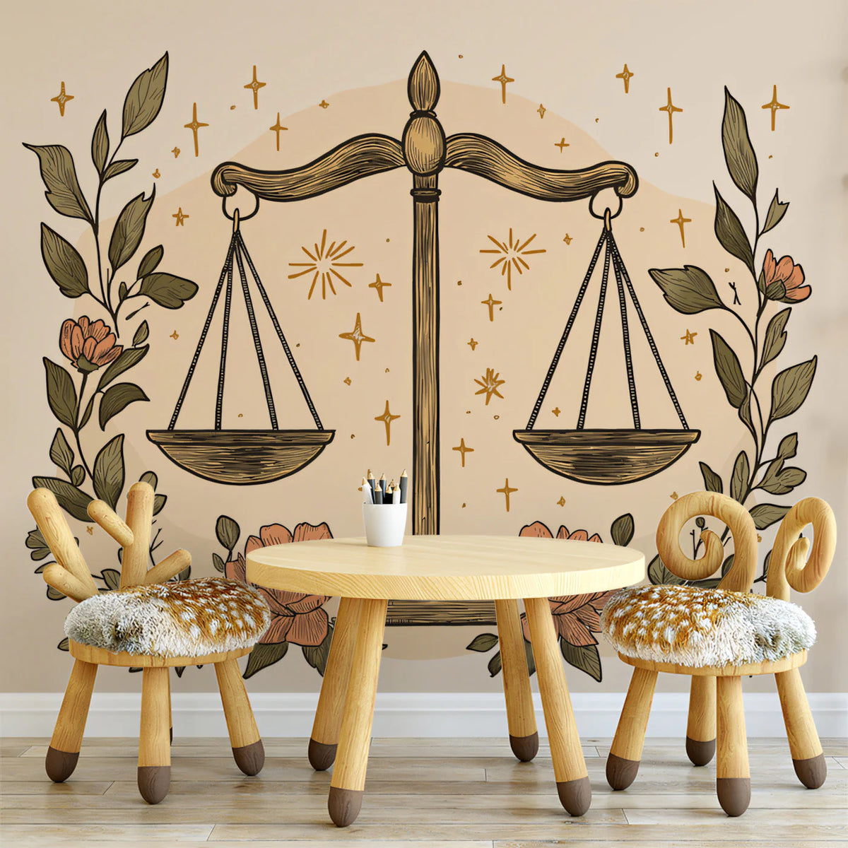 Libra Scales Celestial Mural Wallpaper — Soft Earthy Illustration Mural Wallpaper - pure wallpaper artwork