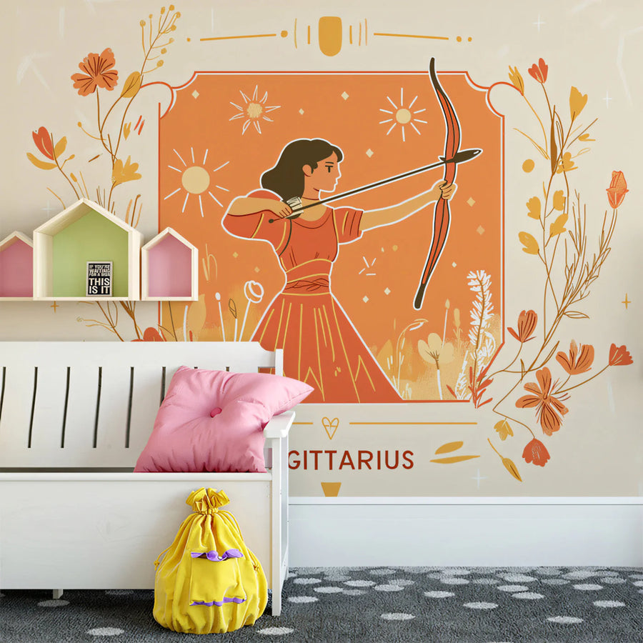 Sagittarius Archer Zodiac Mural Wallpaper — Warm Oranges and Florals Mural Wallpaper