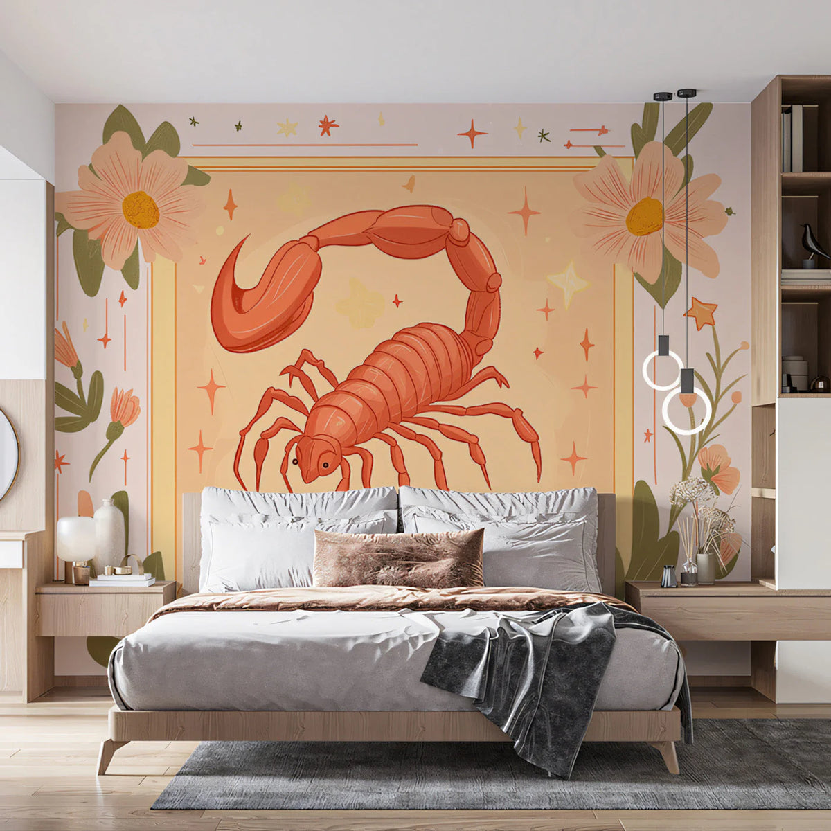 Scorpio Zodiac Mural Wallpaper — Celestial Floral Pattern Mural Wallpaper - pure wallpaper artwork
