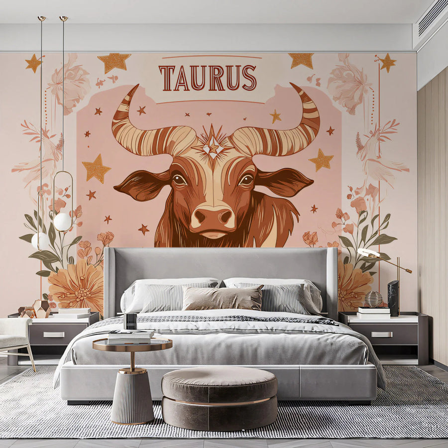 Taurus Zodiac Mural Wallpaper — Celestial Floral Bull Motif Mural Wallpaper