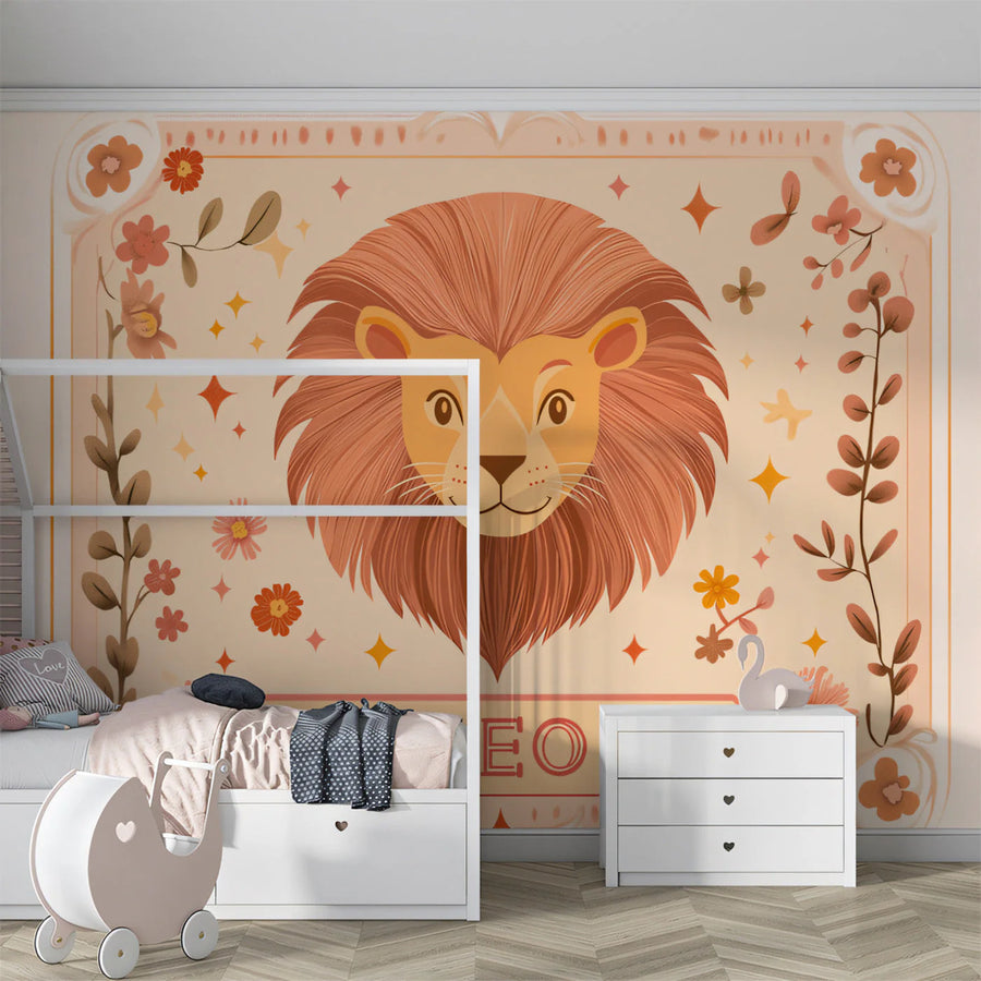 Leo Zodiac Lion Mural Wallpaper — Playful Floral Illustration Mural Wallpaper