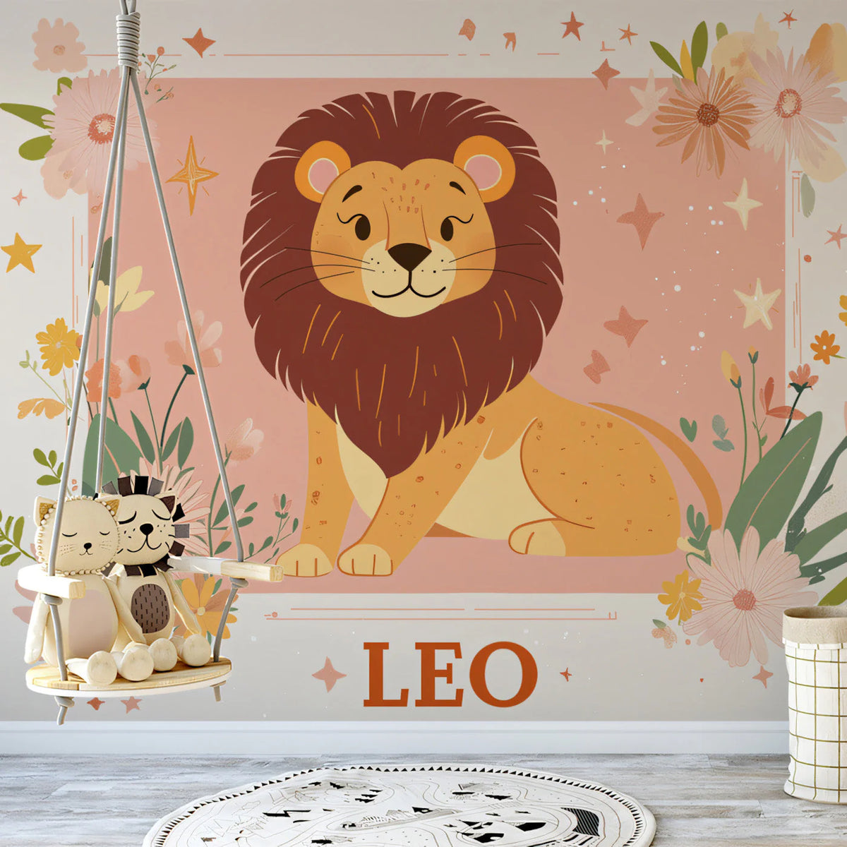 Leo The Lion Floral Mural Wallpaper — Soft Pastel Whimsical Design Mural Wallpaper - pure wallpaper artwork
