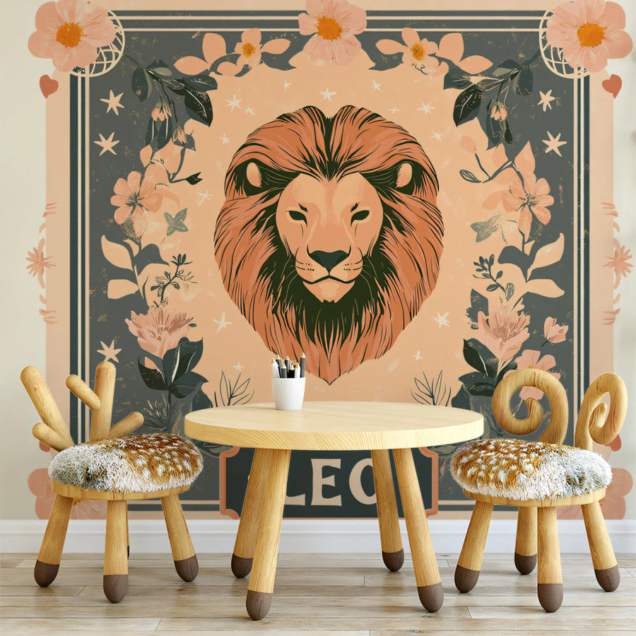Leo Zodiac Lion Mural Wallpaper — Retro Botanical Illustration Mural Wallpaper