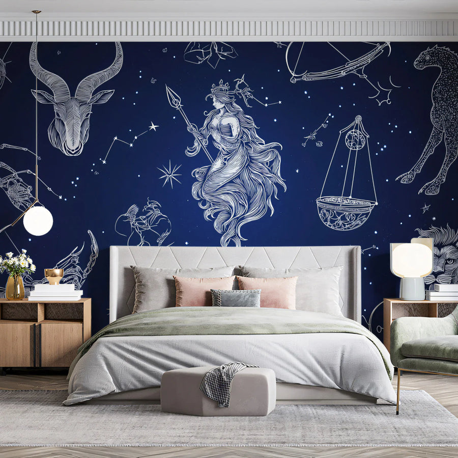 Celestial Zodiac Map Mural Wallpaper — Deep Midnight Blue Mural Wallpaper