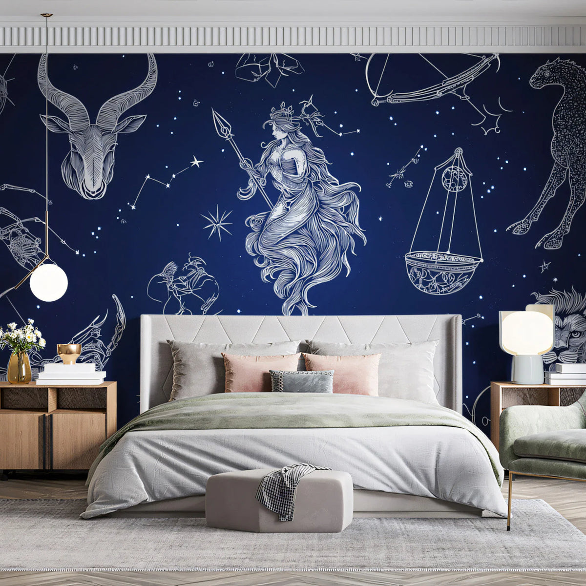Celestial Zodiac Map Mural Wallpaper — Deep Midnight Blue Mural Wallpaper - pure wallpaper artwork