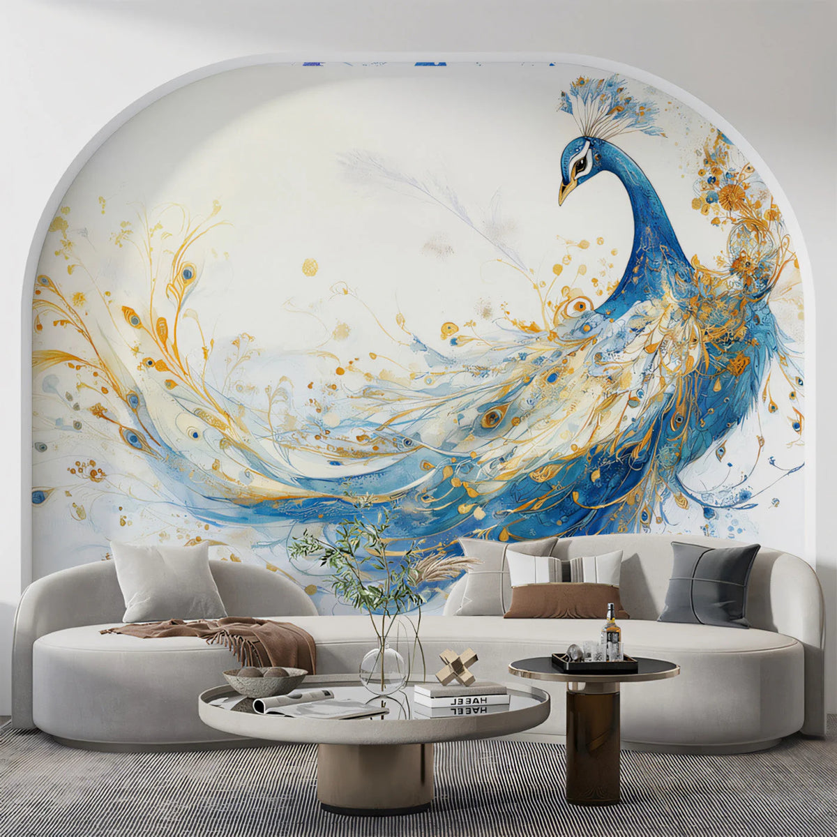 Gilded Peacock Feather Mural Wallpaper — Fluid Artistic Design Mural Wallpaper - pure wallpaper artwork