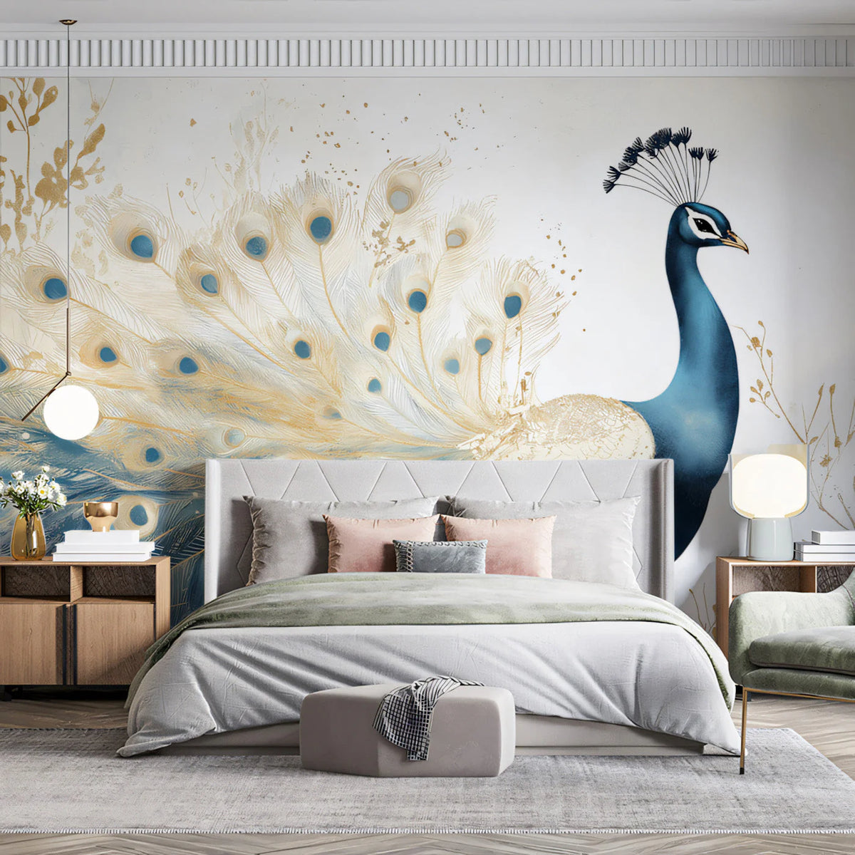 Peacock Feather Mural Wallpaper — Soft Gold and Blue Illustration Mural Wallpaper - pure wallpaper artwork