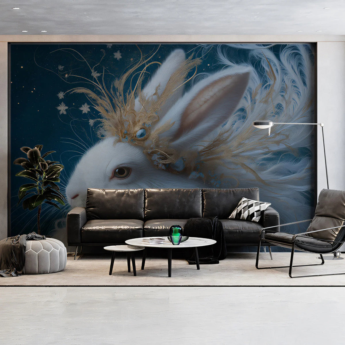 Celestial Rabbit Mural Wallpaper — Midnight Blue and Gold Frost Mural Wallpaper - pure wallpaper artwork