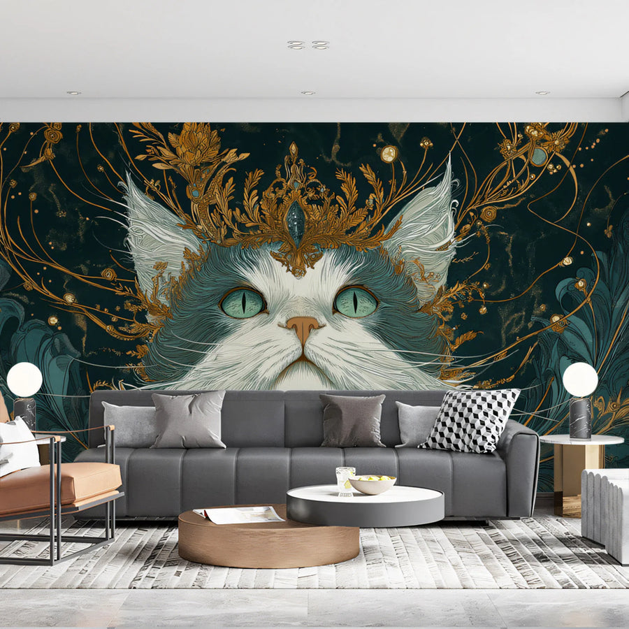 Regal Feline Mural Wallpaper — Deep Teal and Gilded Ornamentation Mural Wallpaper