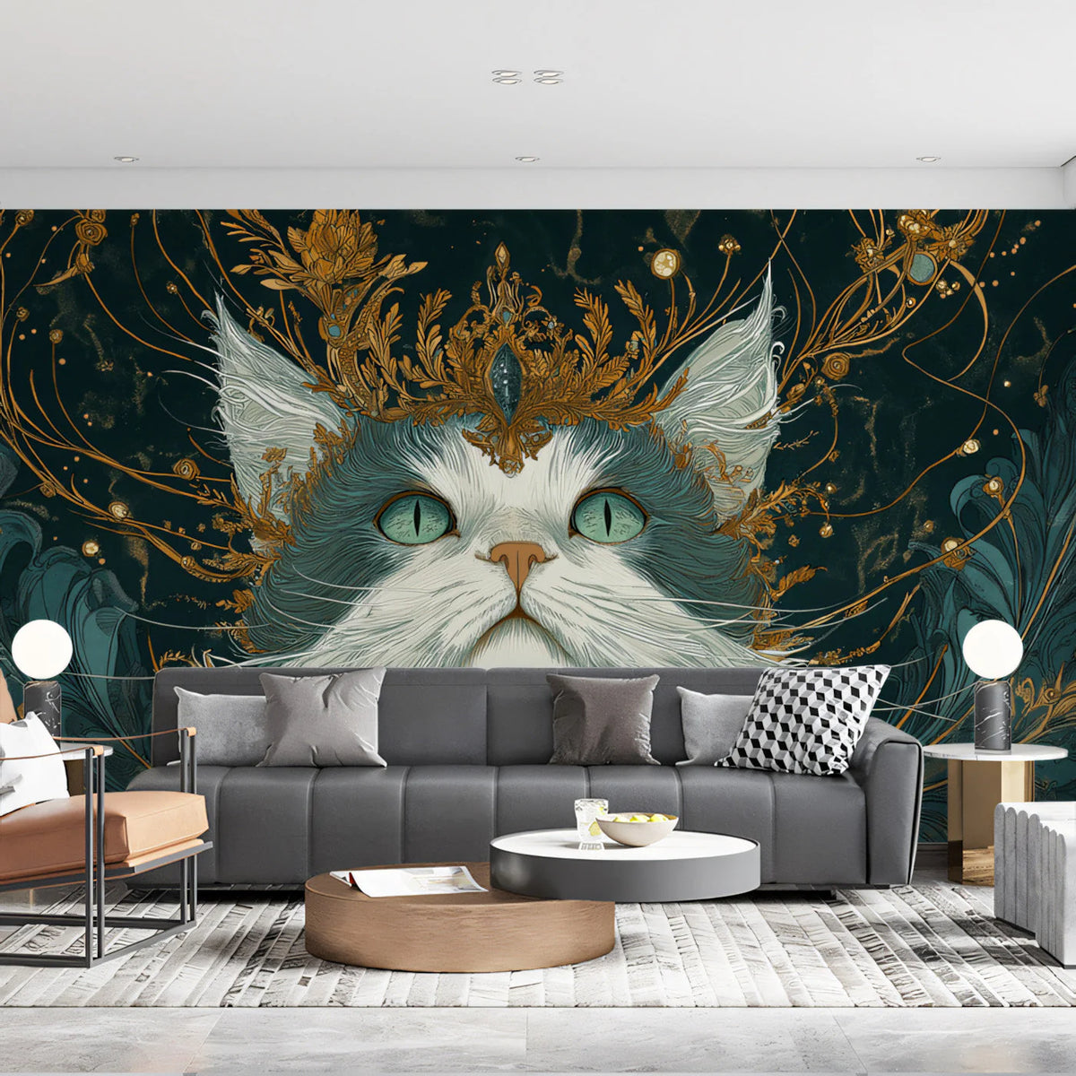 Regal Feline Mural Wallpaper — Deep Teal and Gilded Ornamentation Mural Wallpaper - pure wallpaper artwork