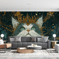 Regal Feline Mural Wallpaper — Deep Teal and Gilded Ornamentation Mural Wallpaper - pure wallpaper artwork