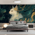Celestial Cat Mural Wallpaper in Teal and Gold Swirls Mural Wallpaper - pure wallpaper artwork