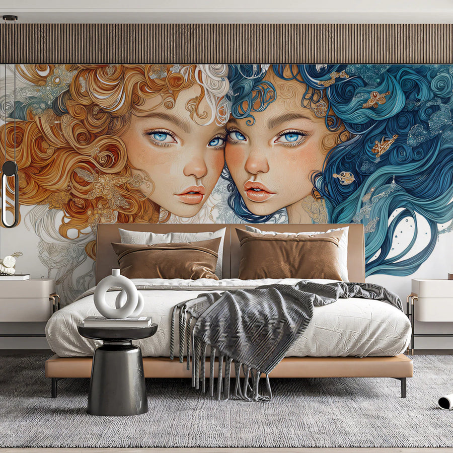 Celestial Gemini Mural Wallpaper — Duality Art Print Mural Wallpaper