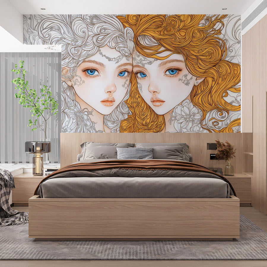 Gemini Duality Mural Wallpaper — Artistic Line Art Design Mural Wallpaper