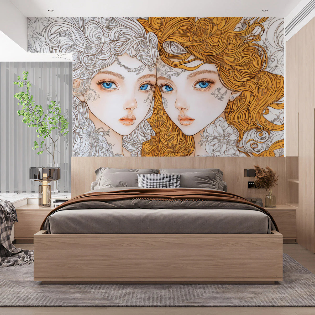 Gemini Duality Mural Wallpaper — Artistic Line Art Design Mural Wallpaper - pure wallpaper artwork